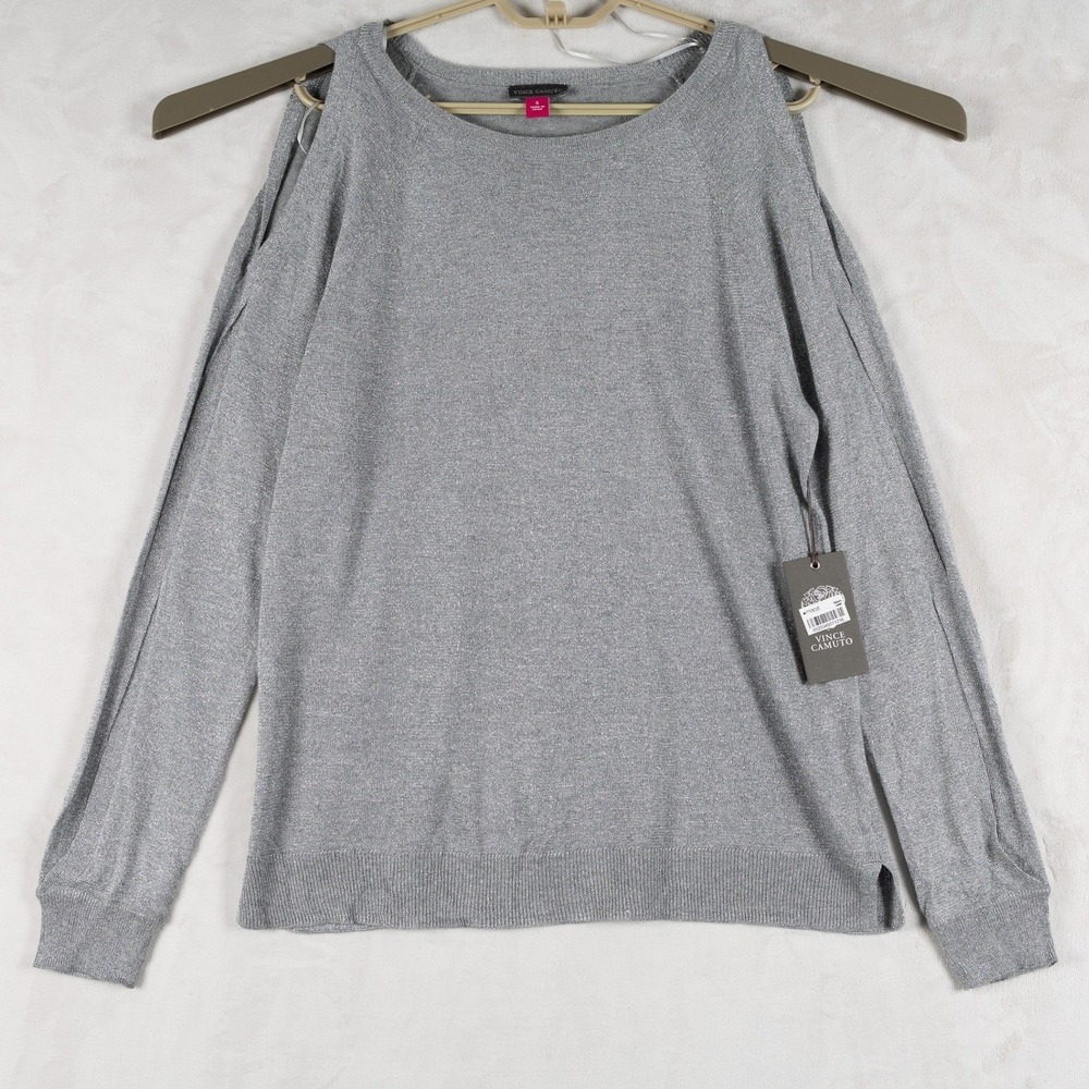 Vince‎ Camuto Cold Shoulder Sweater Womens Silver Sparkle Knit Size S
